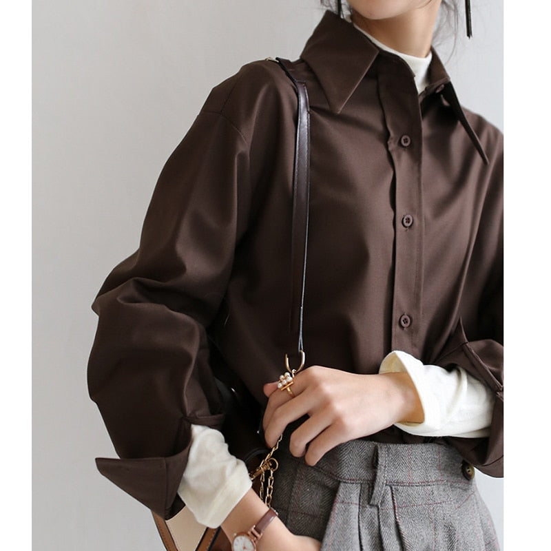Coffee Blouse Women Spring Autumn Casual Solid Color Long Sleeve Shir KilyClothing