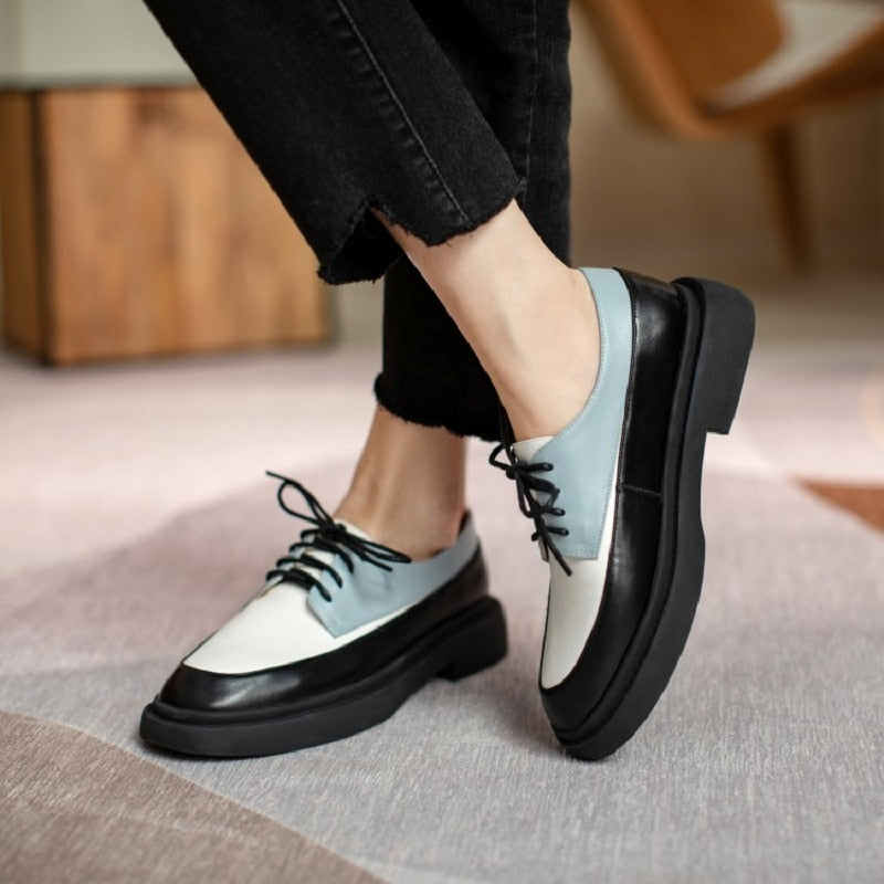 Genuine Leather Shoes Round Toe Lace Up Platform Shoes Color Mixed KilyClothing