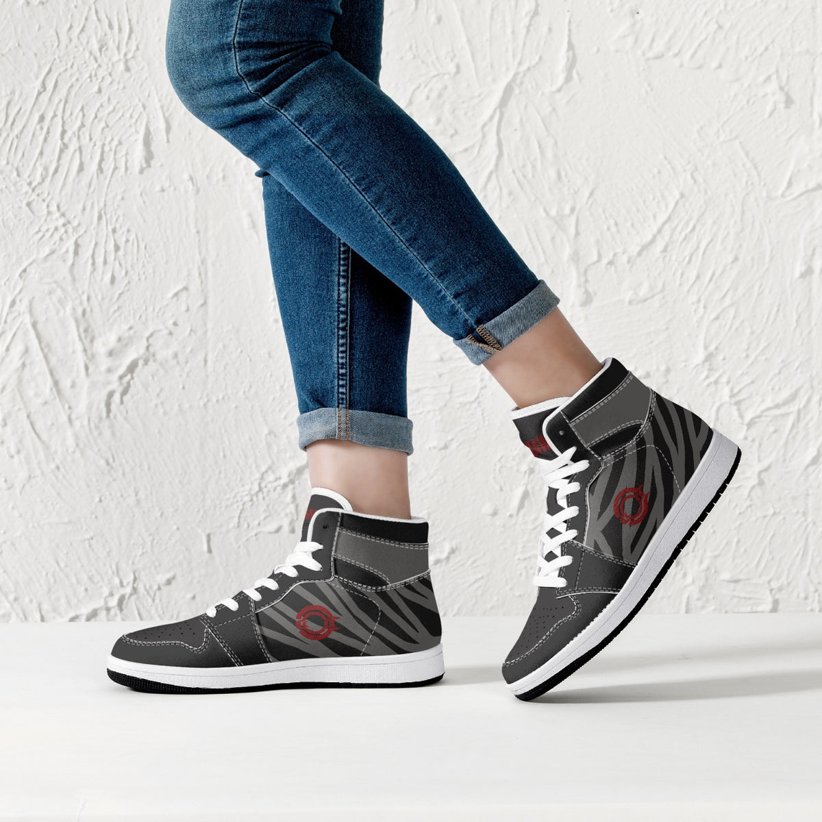 OOTAMAWAE Original Brand High-Top Leather Sneakers -  Black and Grey Stripes KilyClothing