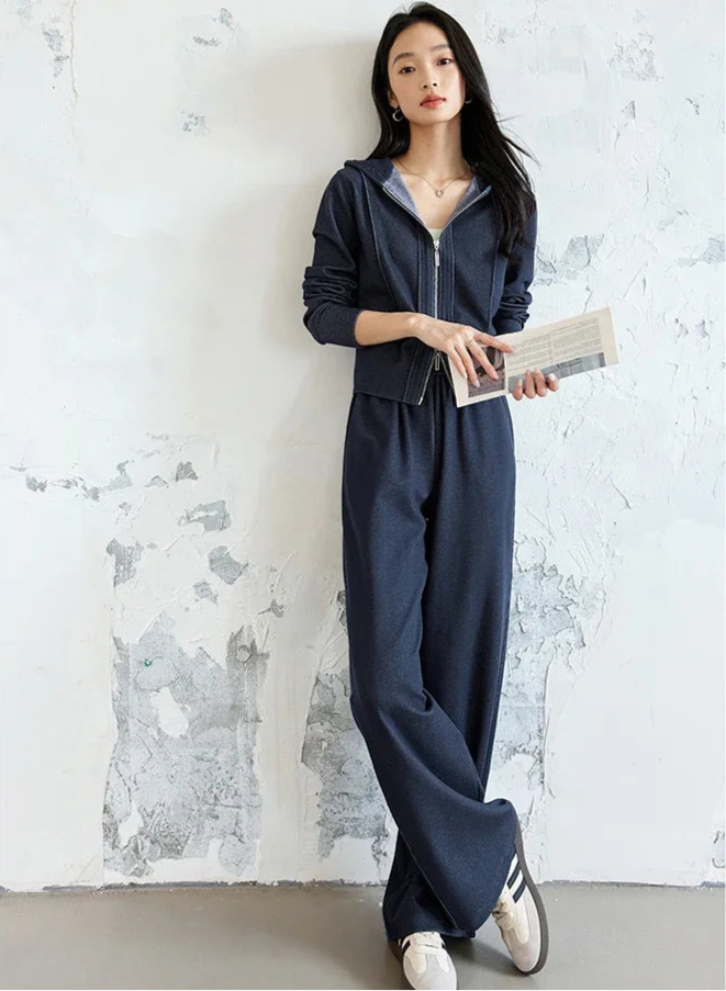 Women's Simple 2pcs Set Long Sleeve Hooded Sporty Cardigan Jacket+Wide Leg Pants Matching Sets Commuter Outfits