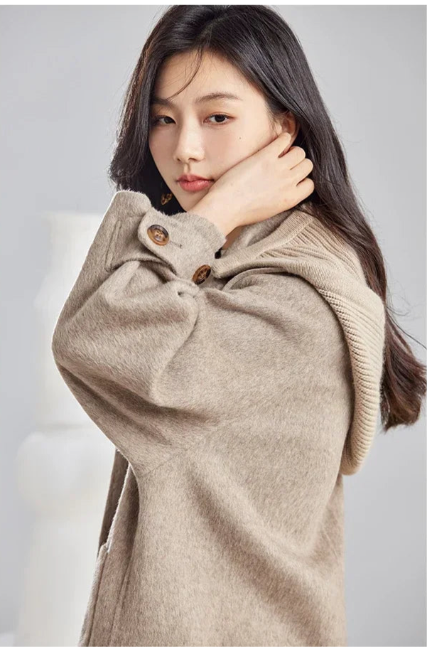 Double Faced Wool Blend Long Coat Winter Women Woolen Simple Contrast Knitted Jacket Office Lady Warm Overcoat