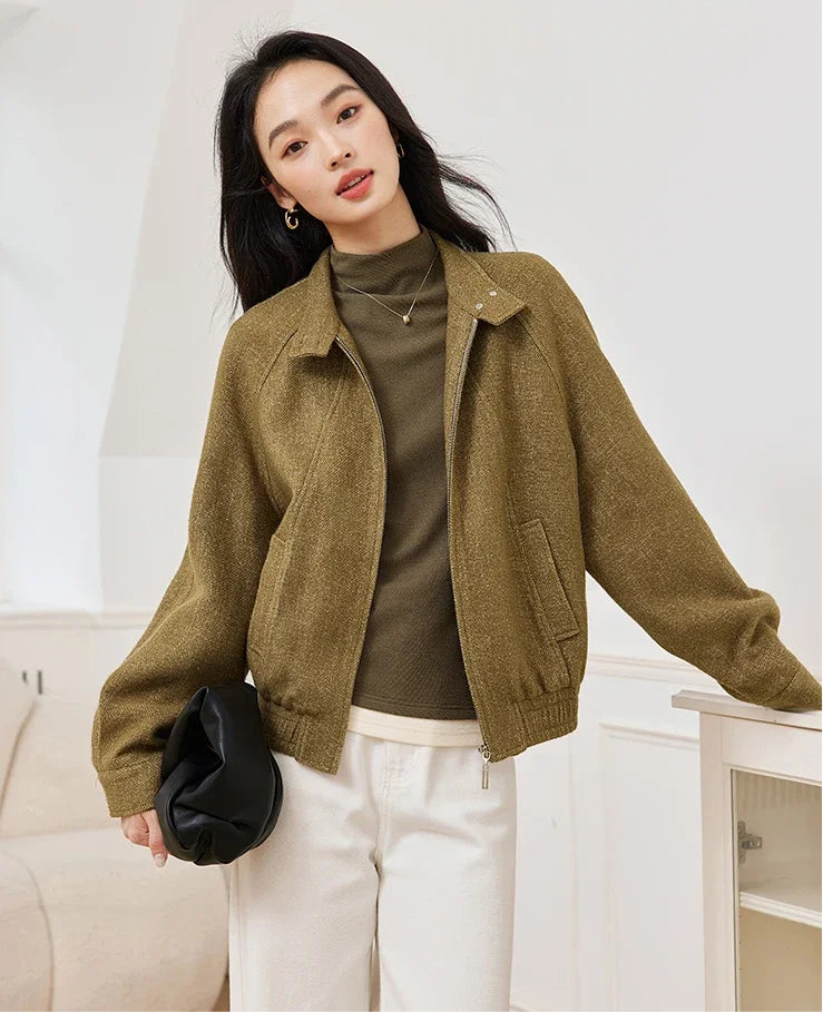 Women's Simple Tweed Short Jacket Coat Autumn Winter Lapel Neck Zipper Fashion Casual Slim Office Lady Outwear Warm Coat