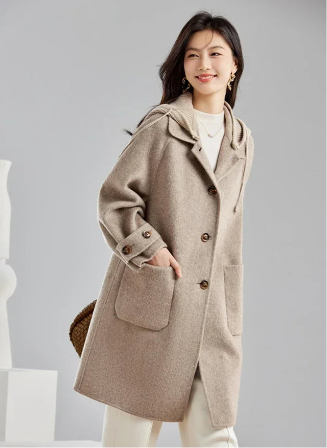 Double Faced Wool Blend Long Coat Winter Women Woolen Simple Contrast Knitted Jacket Office Lady Warm Overcoat