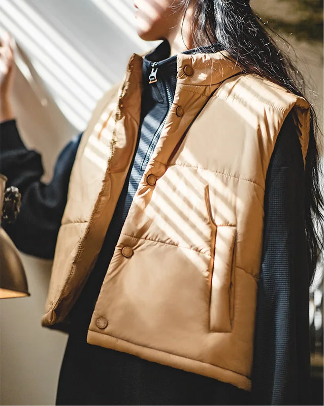 Women's Autumn and Winter Warm Vest Beige Color Short Sleeveless Jacket Female Stand-up Collar Coat One Size Jacket