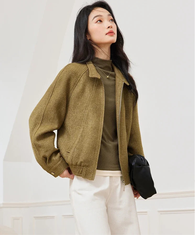 Women's Simple Tweed Short Jacket Coat Autumn Winter Lapel Neck Zipper Fashion Casual Slim Office Lady Outwear Warm Coat