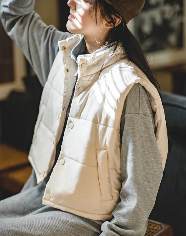 Women's Autumn and Winter Warm Vest Beige Color Short Sleeveless Jacket Female Stand-up Collar Coat One Size Jacket