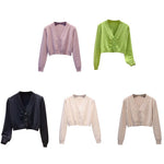 Cardigan Long Flare Sleeve Short Sweater, Ribbed Knitted Cotton 3/5 Buttons Soft Thin Outwear KilyClothing