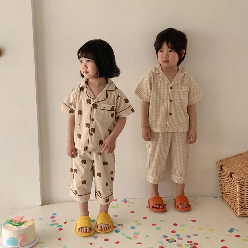 Summer Kids Pajamas Korean Print Suit for Boys and Girls Casual Cotton Sleepwear