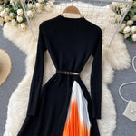 Retro Print Pleated Dress Women Elegant Knitted Gradient Patchwork Long Sleeve KilyClothing