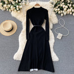 Retro Print Pleated Dress Women Elegant Knitted Gradient Patchwork Long Sleeve KilyClothing