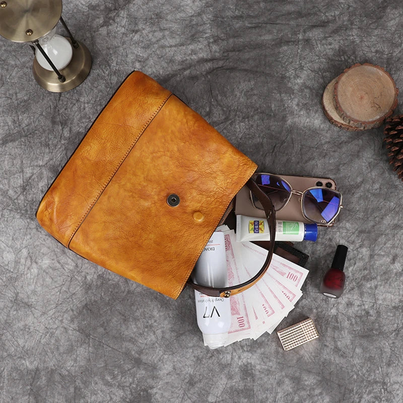 Women's Bag Retro Genuine Leather Shoulder Bags Handmade Women Bucket Bag First Layer Cowhide Top-handle Bags For Female KilyClothing