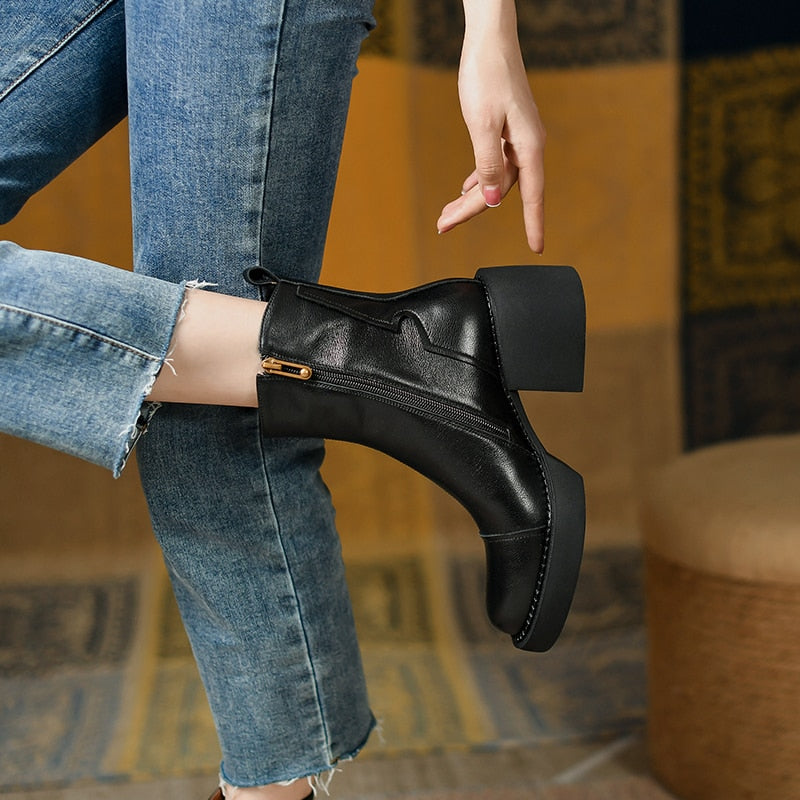 Retro Mature Female Concise Women Ankle Boots Genuine Leather Thick Heels KilyClothing