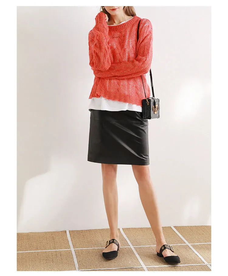 Falda midi para mujer, 100 % piel auténtica, elegante, estilo coreano, con cintura elástica y aguacate en polvo, informal.