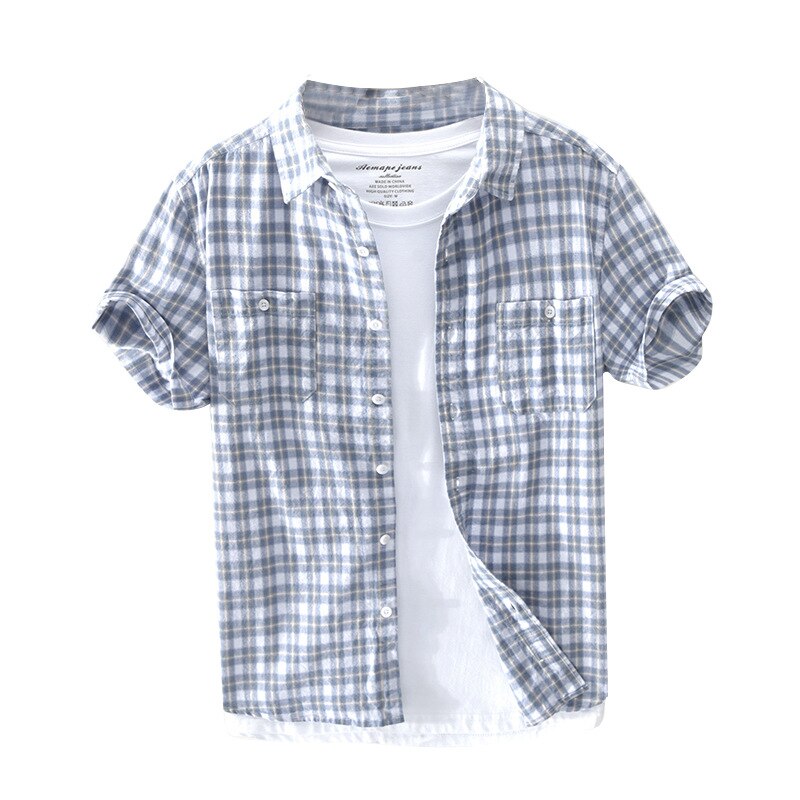 Short Sleeve Cotton Plaided Shirts For Men Japan Business Casual Minimalist Style KilyClothing