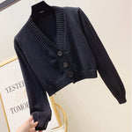 Cardigan Long Flare Sleeve Short Sweater, Ribbed Knitted Cotton 3/5 Buttons Soft Thin Outwear KilyClothing
