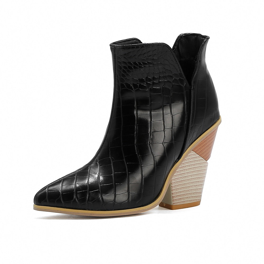 Motorcycle Western Cowboy Boots Women PU Leather Wedges High Heels slip on Cowgirl KilyClothing