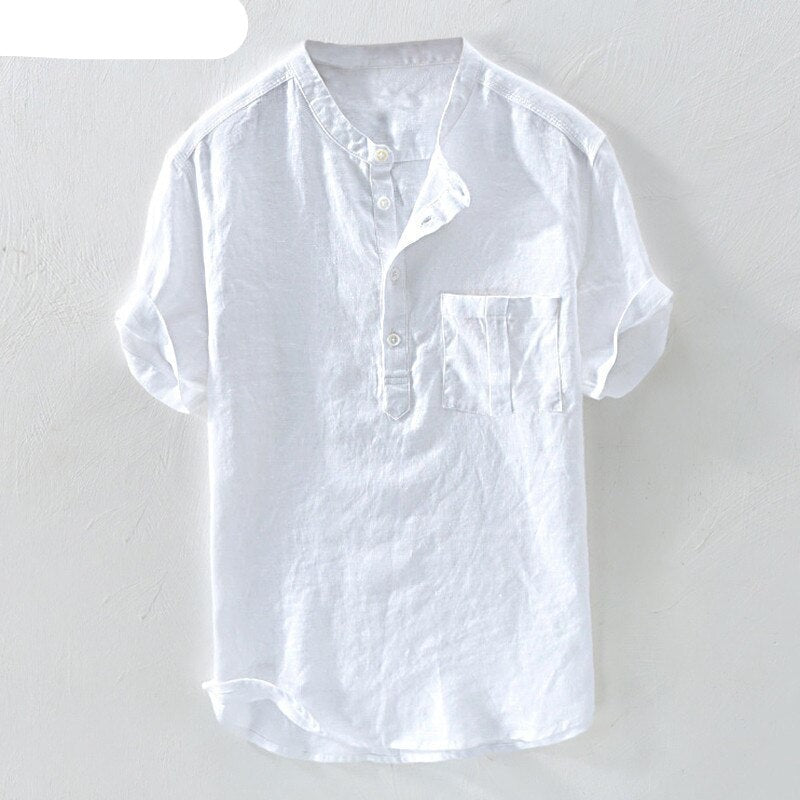 Casual Men Shirts Stand Collar Solid Cotton Blouse Short Sleeve Streetwear KilyClothing