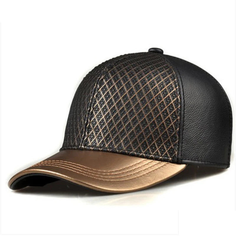 Unisex Hip Hop Genuine Leather Baseball Hats Golden Caps Grid Net Surface