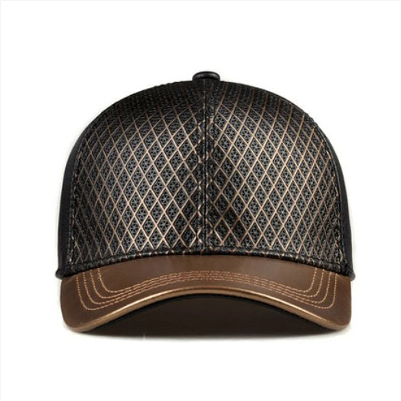 Unisex Hip Hop Genuine Leather Baseball Hats Golden Caps Grid Net Surface