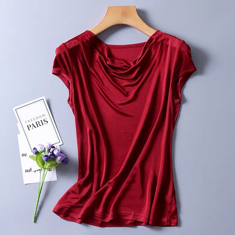 50% Silk 50% Viscose Knit Drape Neck T-Shirts KilyClothing