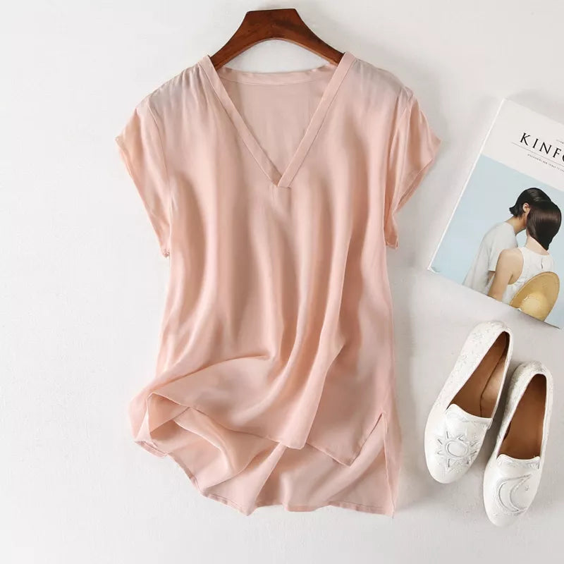 Summer Casual 100% Natural Silk V-Neck Blouse Cross-Neck Kimono Collar Short-Sleeved Shirt KilyClothing