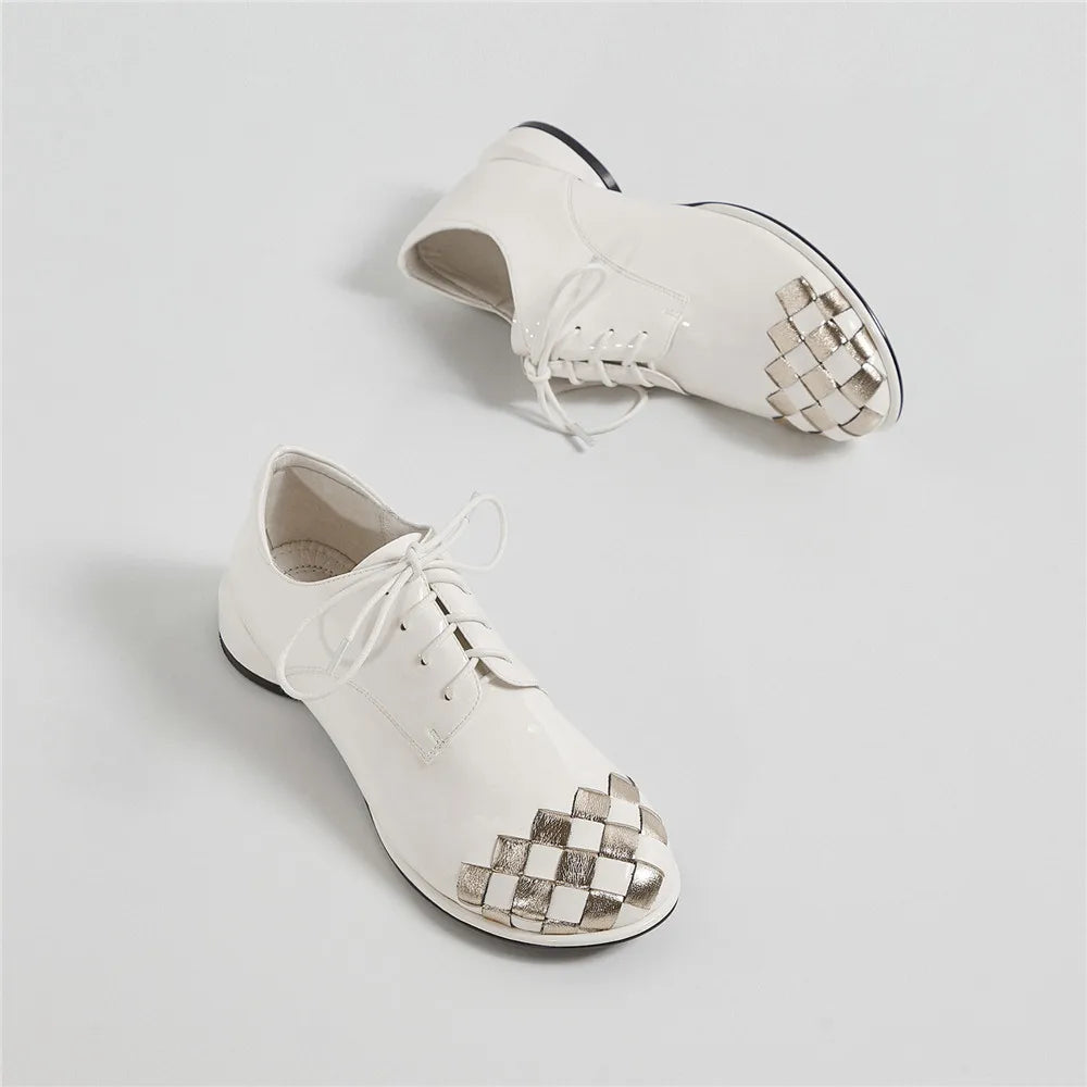 Mixed Color Round Toe Women's Pumps, Patent Leather, Lace Up Comfortable Low Thick Heels Casual KilyClothing