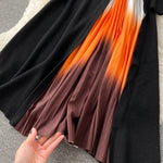 Retro Print Pleated Dress Women Elegant Knitted Gradient Patchwork Long Sleeve KilyClothing
