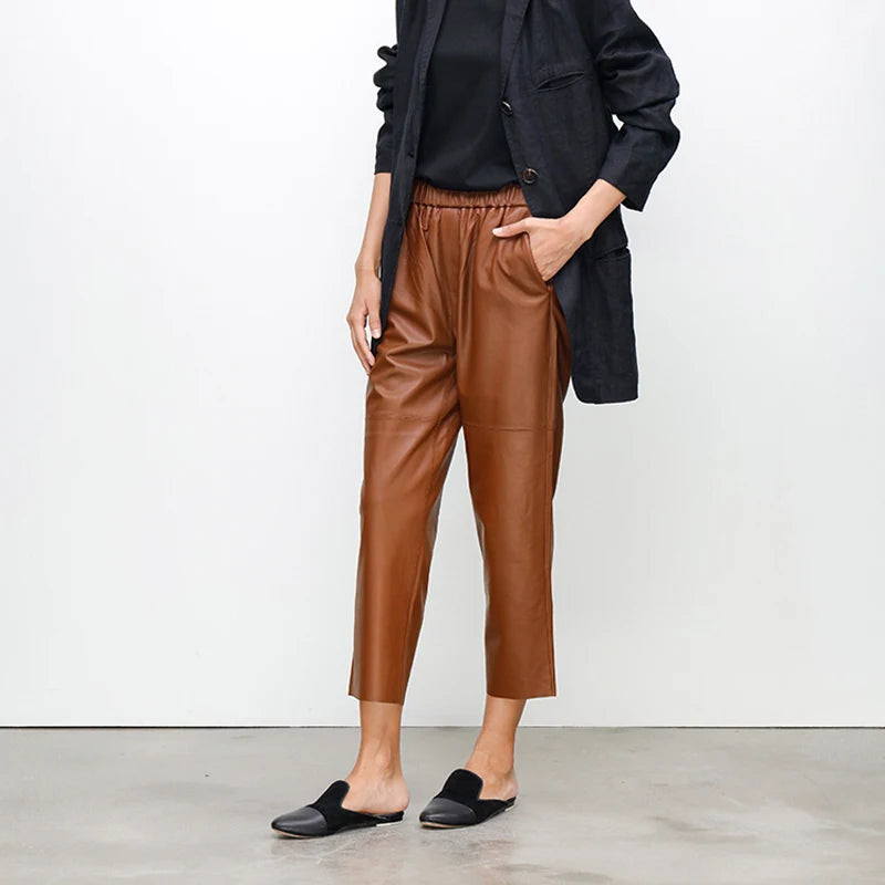 Natural Genuine Leather Trousers Femme Loose Tapered Elastic Waist Khaki/Blue Casual Harlan Pants
