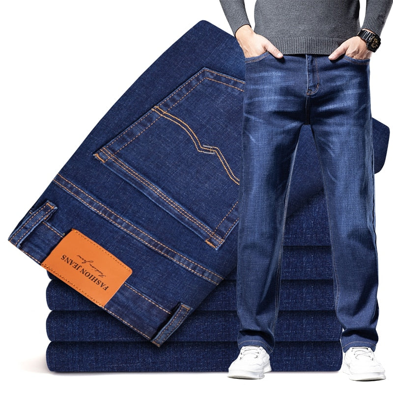Dark Blue Straight-leg Brand Jeans Classic Style Business Casual Cotton Stretch Denim Pants KilyClothing