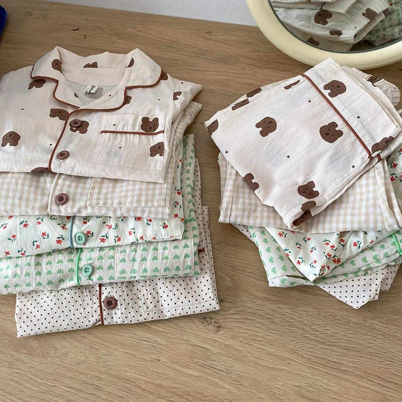Summer Kids Pajamas Korean Print Suit for Boys and Girls Casual Cotton Sleepwear