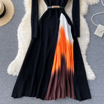 Retro Print Pleated Dress Women Elegant Knitted Gradient Patchwork Long Sleeve KilyClothing