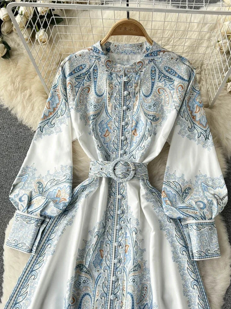 Vintage Party Long Sleeve, Single Breasted Stand Collar Elegant Printed Long Dresses