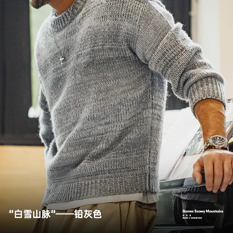 Men's Autumn Winter Gradient Stripe Sweater Pullover Round Neck Blended Knitwear