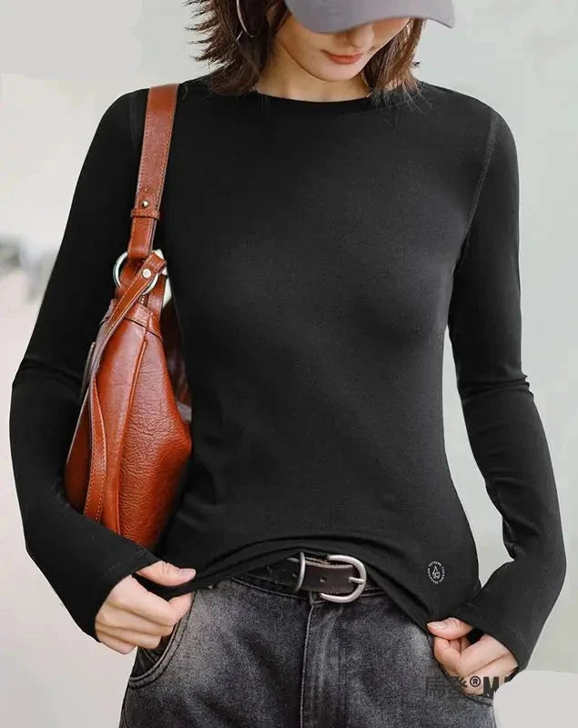 Women Long Sleeve Knitted Tops Solid Color Round Neck Bottoming Shirt Slim Fit Warm Inner Top T-shirt for Autumn Winter