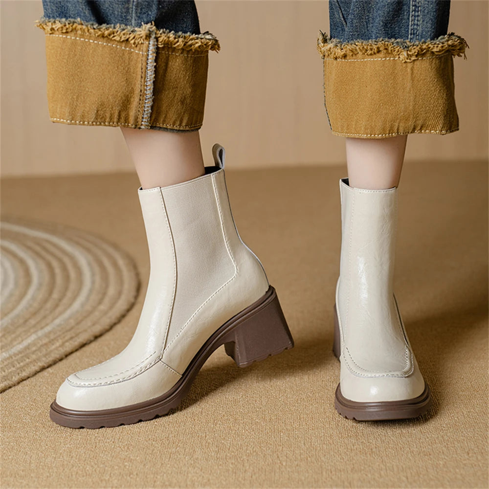 Chelsea Cow Leather Ankle Women Boots High Heels Fashion Slip On Thick Sole Block Hee