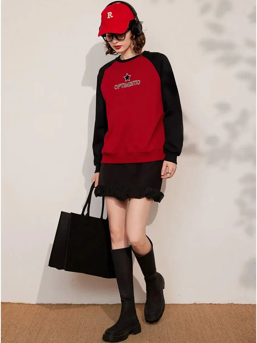 Women Sweatshirt Round Neck Long Sleeve Contrast Color, Embroidery Letter Loose Fit Pullover Top