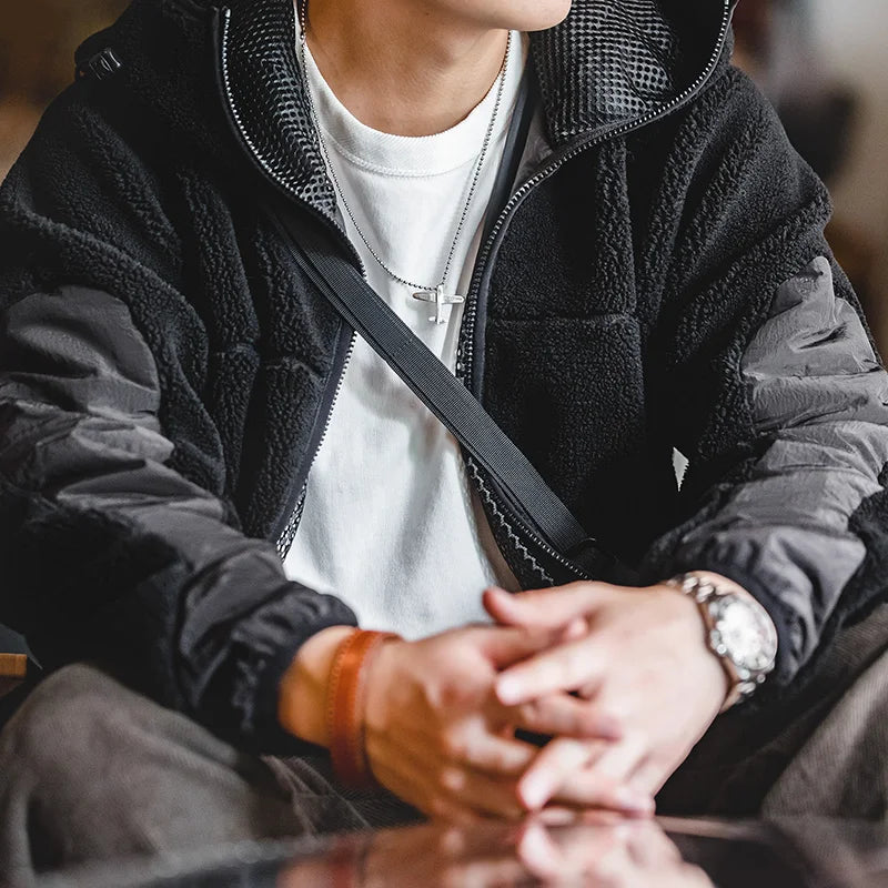 Casual Imitation Lamb Wool Patchwork Jacket Cotton Coats Men's Winter Hooded Warm Plush Cotton Jacket Streetwear