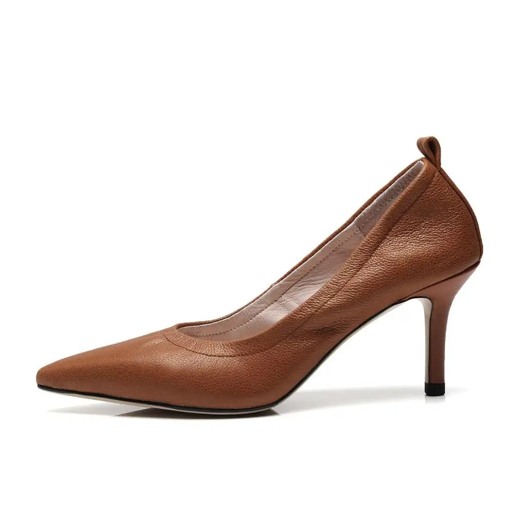 Cow leather high heels slip on shallow women pumps pointed toe brand office lady party solid wedding shoes