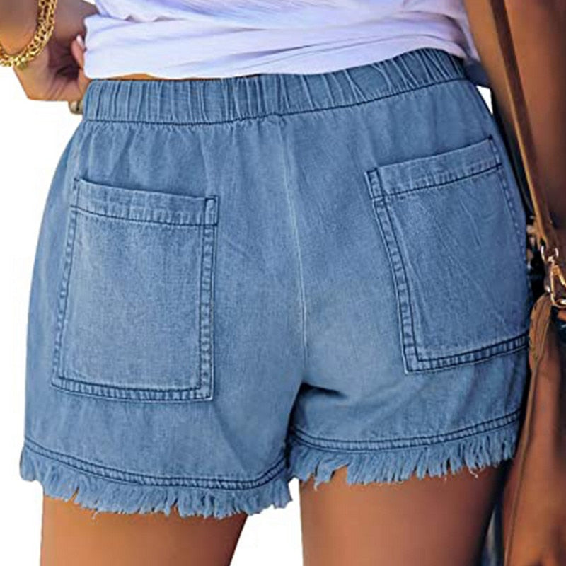 Washed Denim Shorts, Casual Drawstring Elastic Waist Frayed Hem Loose Short Jeans KilyClothing