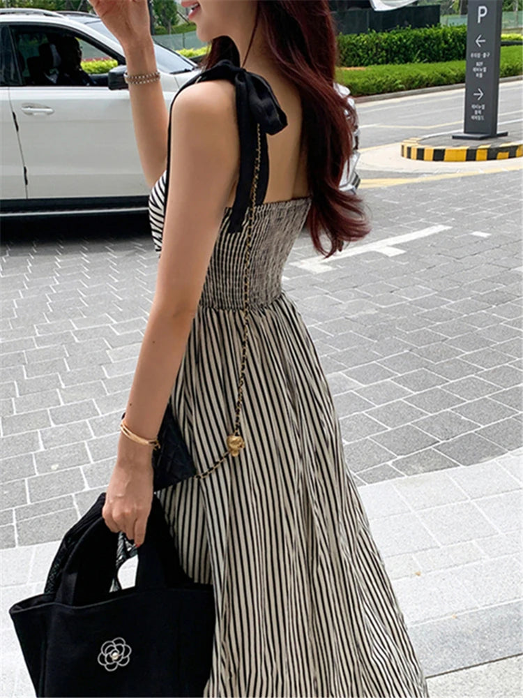 Chic Sleeveless Lace Up Striped High Waist Fashion Elegant Holiday Women's Spring Summer Long Dresses KilyClothing