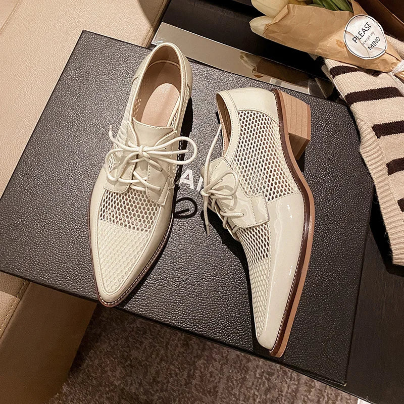 Net Cloth Oxfords Women Shoes Lace-Up Ladies Brogue Flat Derby Shoes Pointed Toe Lace-up Heels