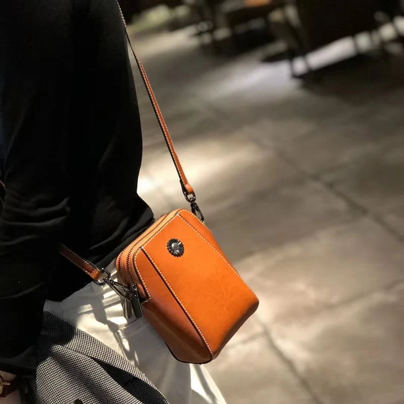 Mini Bag Cross-body Shoulder Bag Retro Oil Wax cowhide Split Leather Lightweight Messenger