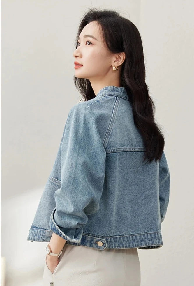 Cropped Denim Jacket Coat for Women, Casual Stand Collar Long Sleeve 100% cotton