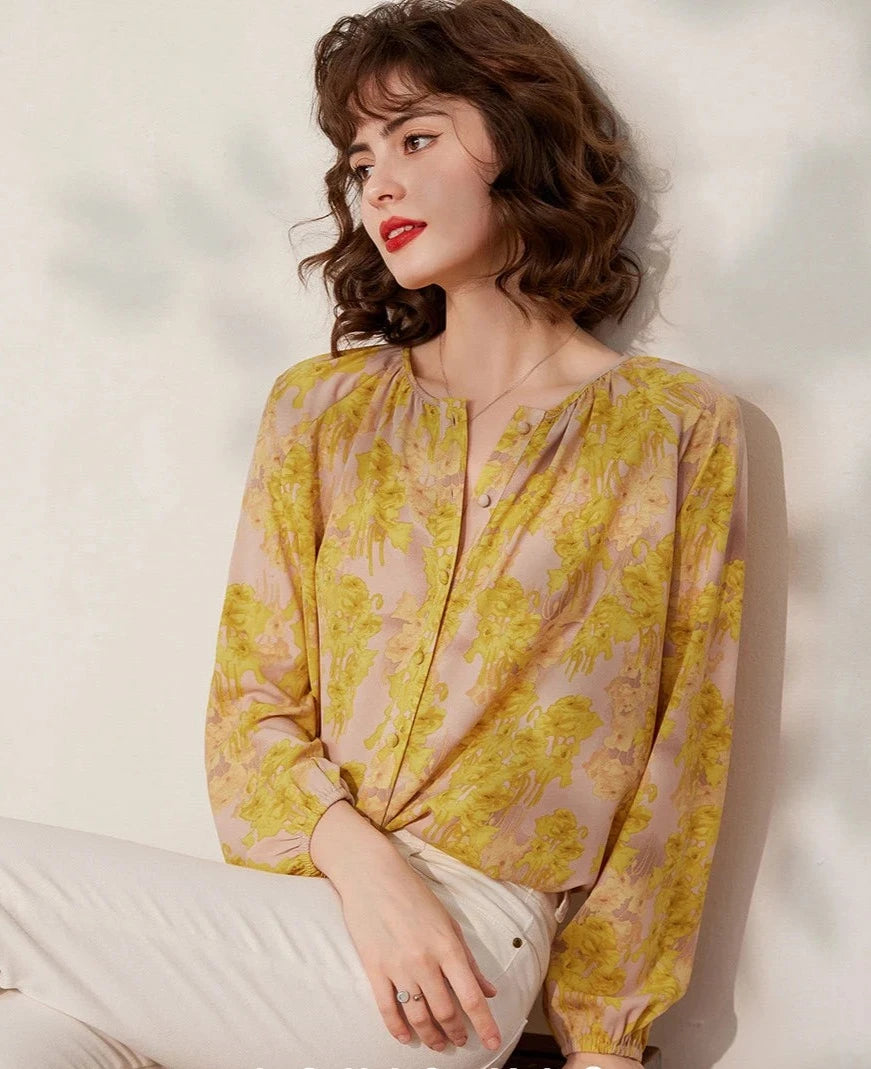 Camisa de mujer de cuello redondo, manga larga, estilo francés, moda casual, ajuste holgado, blusas con estampado retro