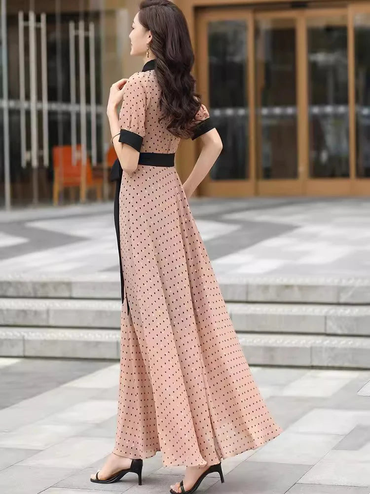Summer Dot Shirt Dress Contrast Color Short Sleeve Slim Waist Chiffon Dress Elegant Simplicity