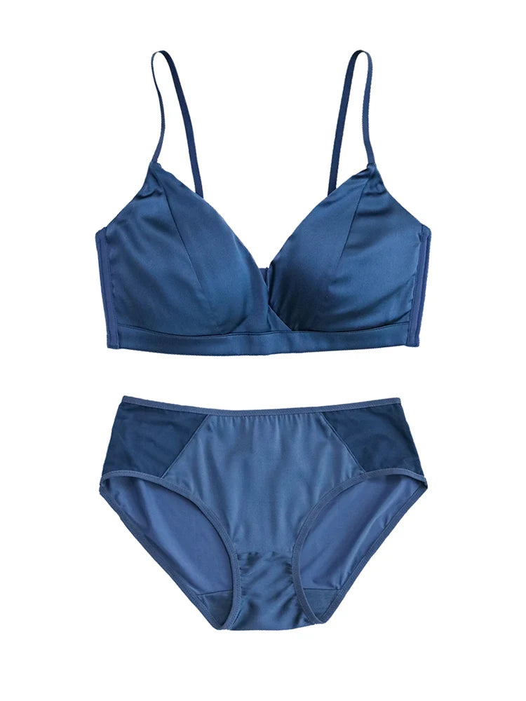 Conjunto de sujetador de seda para mujer, 92% seda, 8% LICRA, copa fina, ropa interior sin aros, ropa interior cómoda, azul y negro