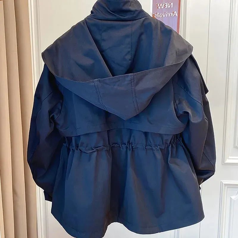 Spring Autumn Oversized Casual Waterproof Khaki Windbreaker Women Long Sleeve Hood Jacket KilyClothing