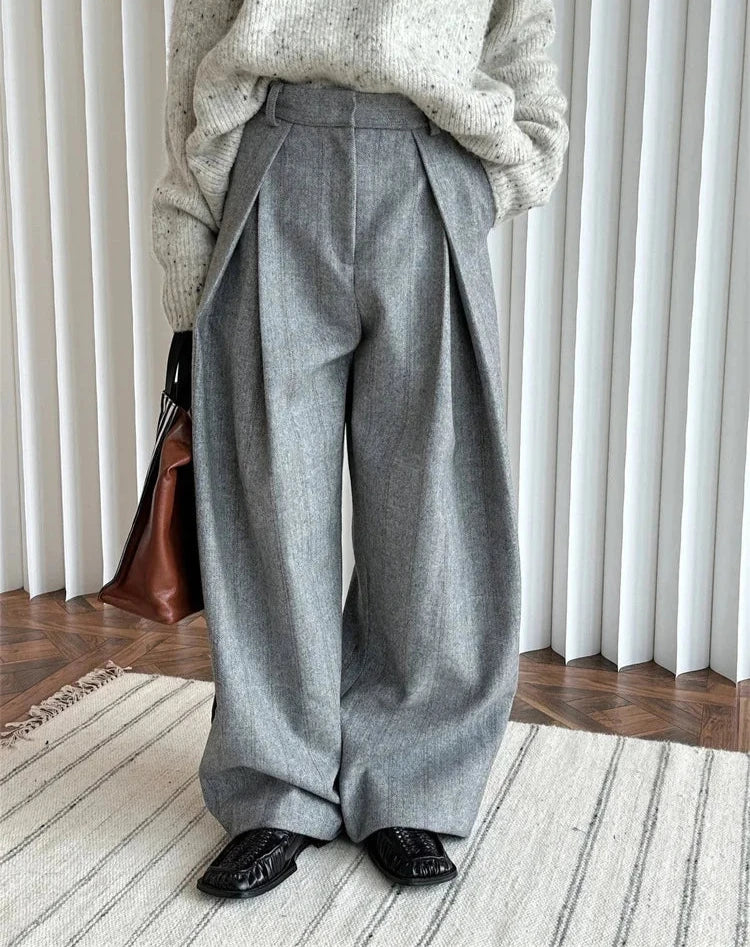 Heavy Weight Winter Retro Herringbone Wool Pressed Double Pleated Trousers Women Wide Legs Pants Gray/Brown
