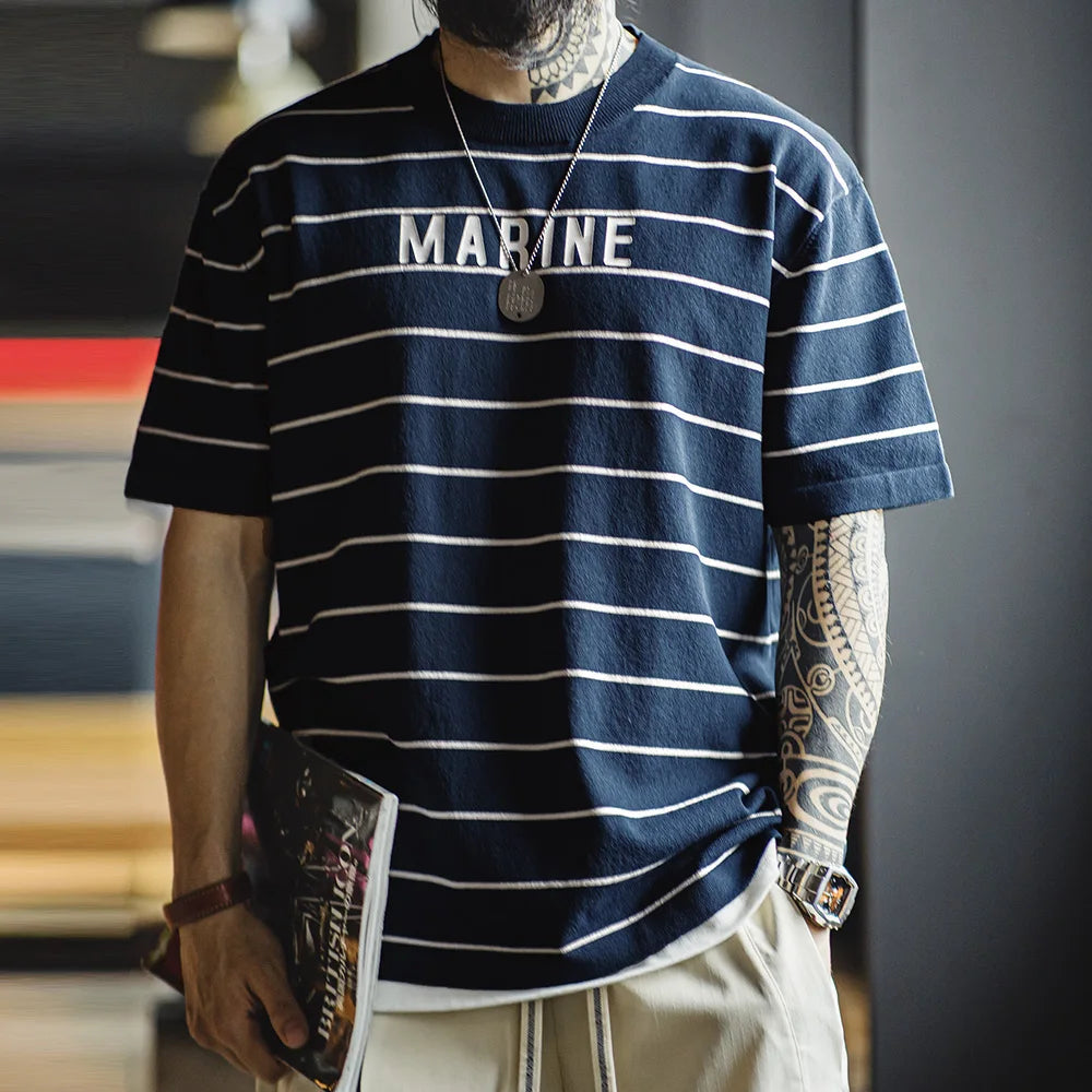 Retro Contrast Striped Short-sleeved T-shirt with Letter Printed Breathable