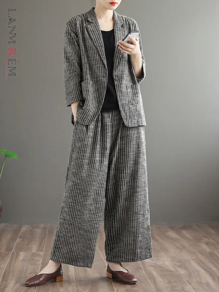Striped Vintage 2 Piece Set Women Notched Single Button Long Sleeve Blazer High Waist Wide Leg Pants